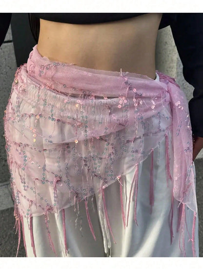 1pc Women Belly Dance Costume, Sequin Fringe Belly Dance Hip Scarf, Belly Dance/Thai/Arabic Dance Skirt Belt