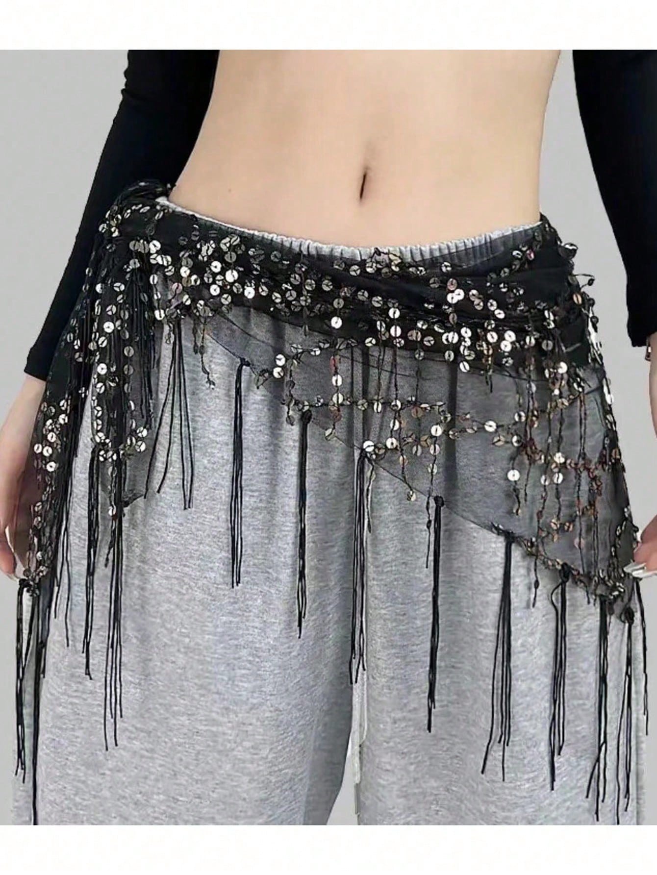 1pc Women Belly Dance Costume, Sequin Fringe Belly Dance Hip Scarf, Belly Dance/Thai/Arabic Dance Skirt Belt