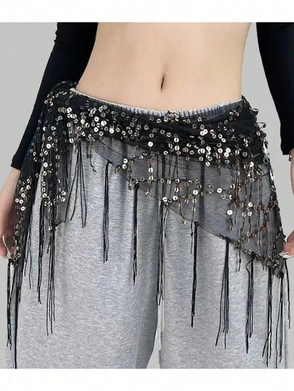 1pc Women Belly Dance Costume, Sequin Fringe Belly Dance Hip Scarf, Belly Dance/Thai/Arabic Dance Skirt Belt
