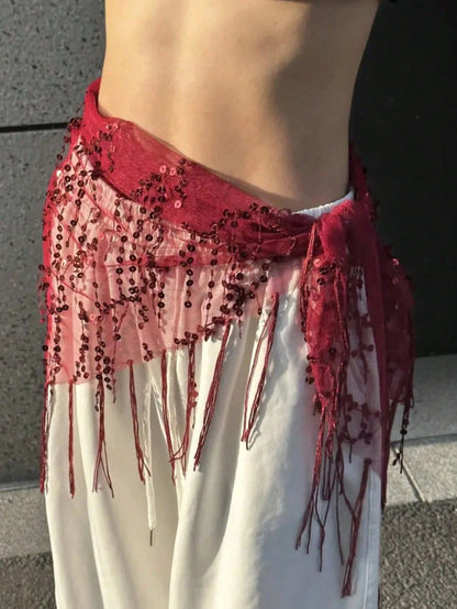1pc Women Belly Dance Costume, Sequin Fringe Belly Dance Hip Scarf, Belly Dance/Thai/Arabic Dance Skirt Belt