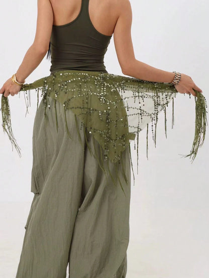 1pc Women Belly Dance Costume, Sequin Fringe Belly Dance Hip Scarf, Belly Dance/Thai/Arabic Dance Skirt Belt