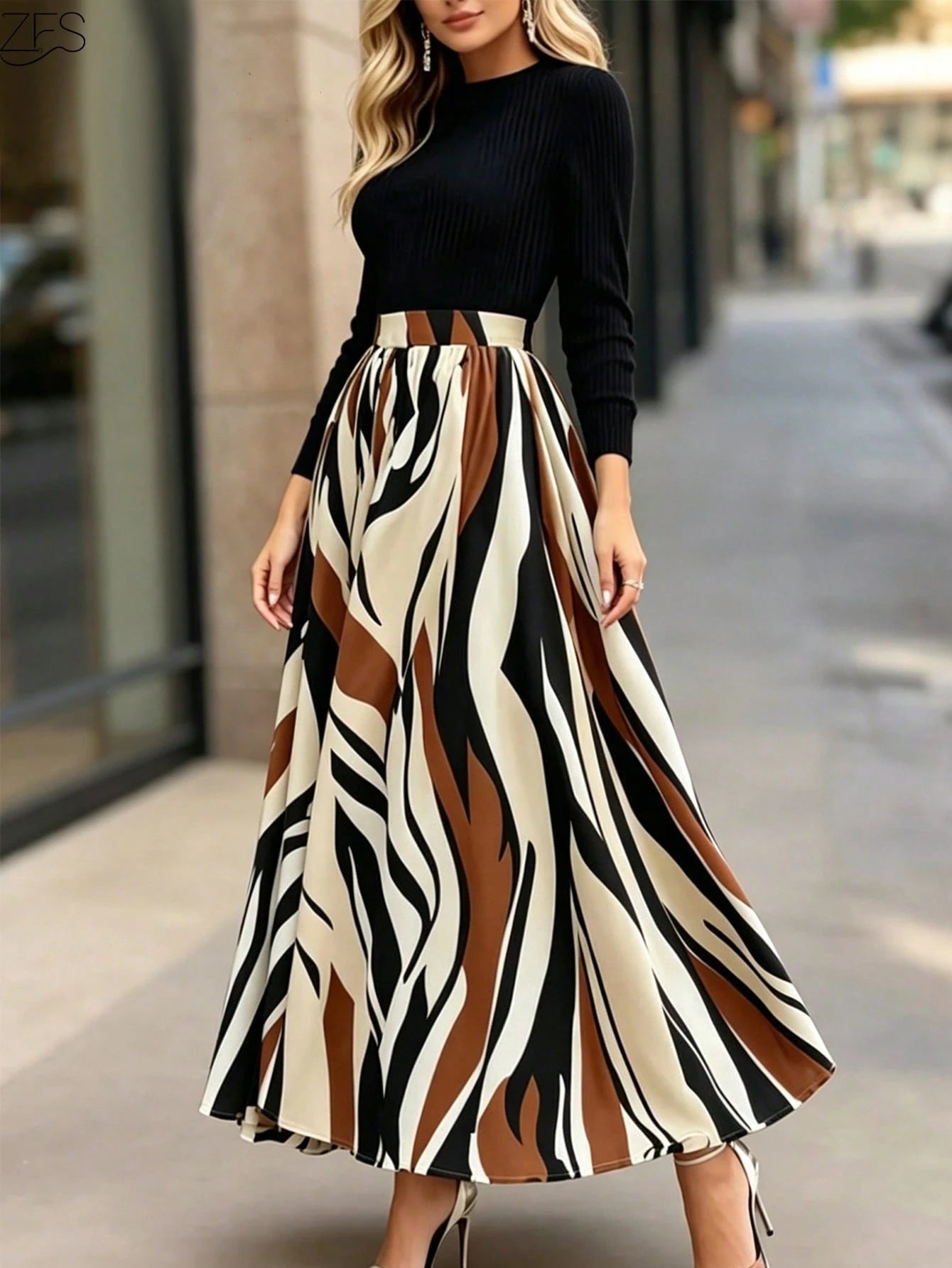 1pc Women's Elegant Color Block Striped Casual Dress, Geometric Print, Round Neck Long Sleeve Elastic Waist, Suitable For Parties, Weddings, Vacations, Daily Wear, Spring/Autumn Black