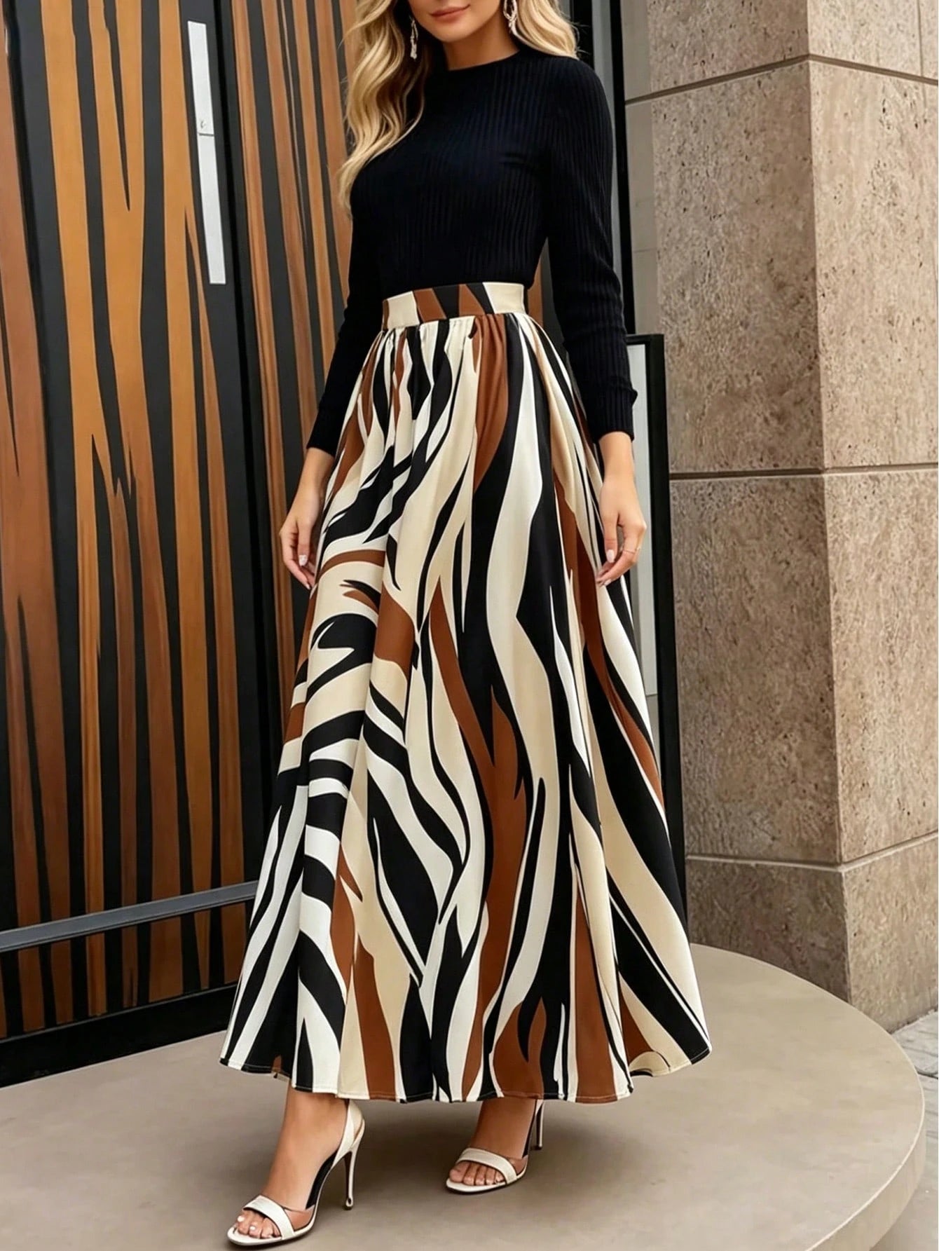1pc Women's Elegant Color Block Striped Casual Dress, Geometric Print, Round Neck Long Sleeve Elastic Waist, Suitable For Parties, Weddings, Vacations, Daily Wear, Spring/Autumn Black