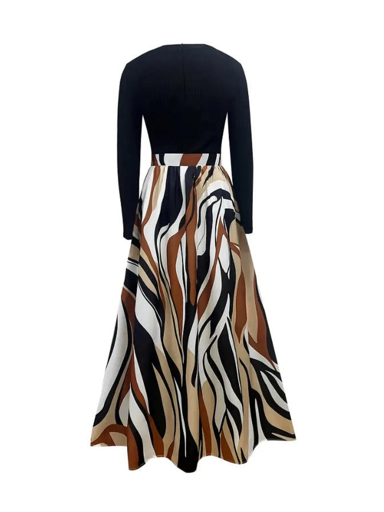 1pc Women's Elegant Color Block Striped Casual Dress, Geometric Print, Round Neck Long Sleeve Elastic Waist, Suitable For Parties, Weddings, Vacations, Daily Wear, Spring/Autumn Black