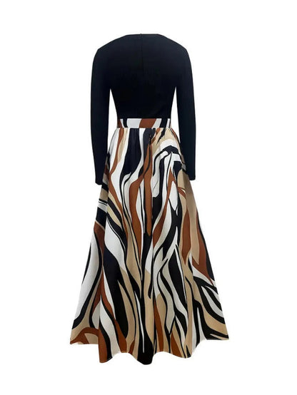 1pc Women's Elegant Color Block Striped Casual Dress, Geometric Print, Round Neck Long Sleeve Elastic Waist, Suitable For Parties, Weddings, Vacations, Daily Wear, Spring/Autumn Black