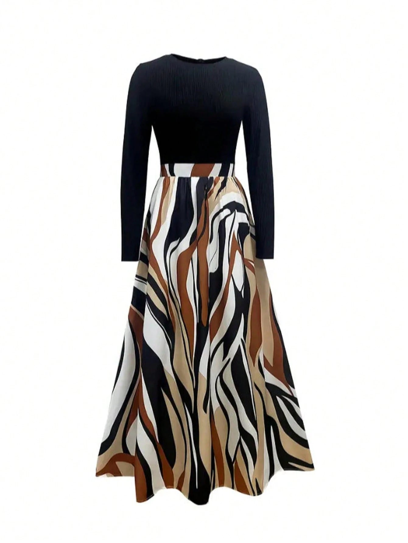 1pc Women's Elegant Color Block Striped Casual Dress, Geometric Print, Round Neck Long Sleeve Elastic Waist, Suitable For Parties, Weddings, Vacations, Daily Wear, Spring/Autumn Black