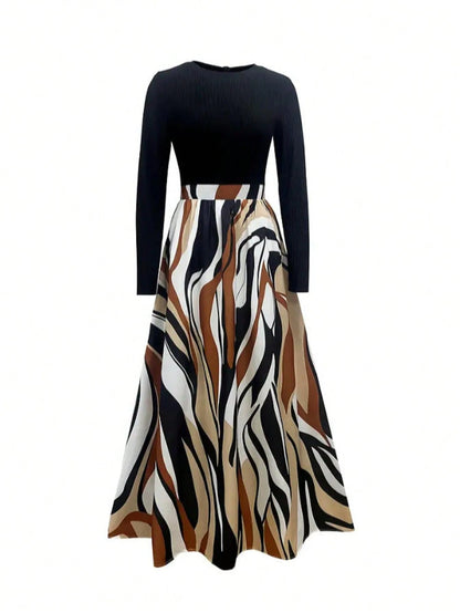 1pc Women's Elegant Color Block Striped Casual Dress, Geometric Print, Round Neck Long Sleeve Elastic Waist, Suitable For Parties, Weddings, Vacations, Daily Wear, Spring/Autumn Black