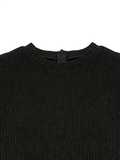 1pc Women's Elegant Color Block Striped Casual Dress, Geometric Print, Round Neck Long Sleeve Elastic Waist, Suitable For Parties, Weddings, Vacations, Daily Wear, Spring/Autumn Black