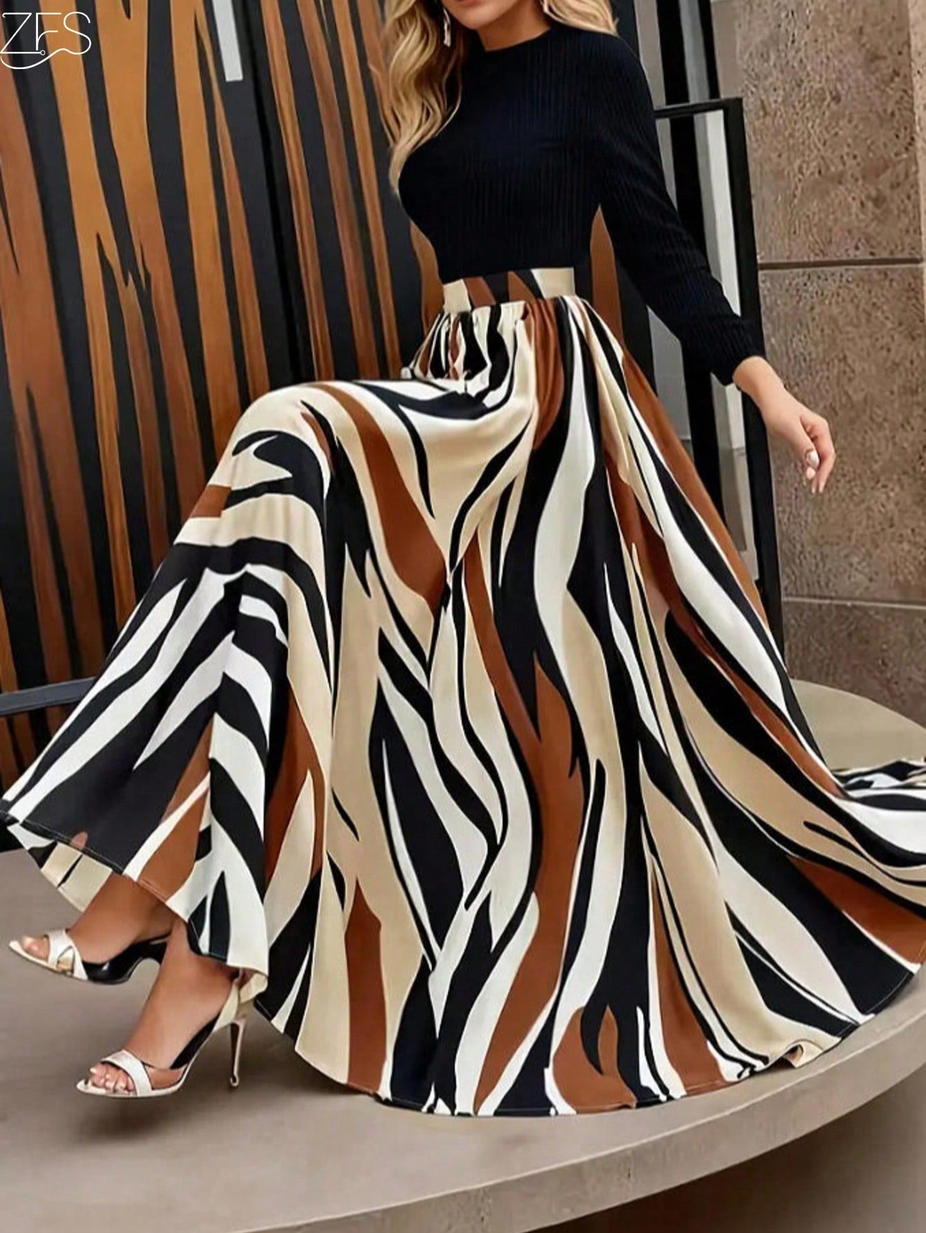1pc Women's Elegant Color Block Striped Casual Dress, Geometric Print, Round Neck Long Sleeve Elastic Waist, Suitable For Parties, Weddings, Vacations, Daily Wear, Spring/Autumn Black