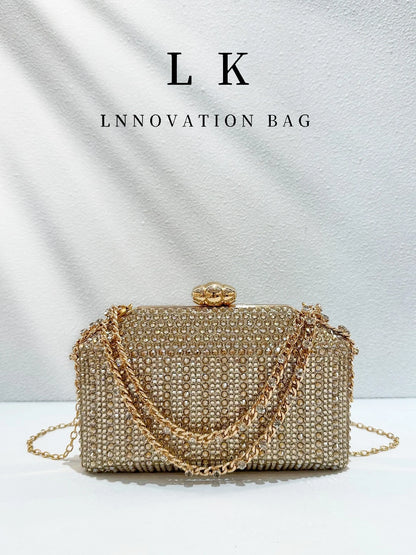 1pc Women's Fashion Gold Rhinestone Evening Clutch, Sparkling Crystal Hard Box Clutch Bag With Rhinestone Gold Chain, Elegant Formal Party Bag For Wedding, Graduation Prom, New Year's Eve Party, Cockt