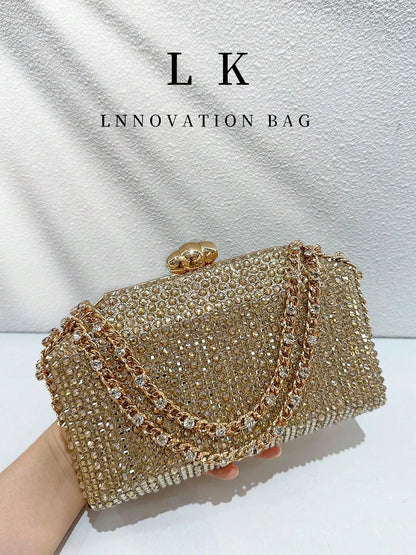 1pc Women's Fashion Gold Rhinestone Evening Clutch, Sparkling Crystal Hard Box Clutch Bag With Rhinestone Gold Chain, Elegant Formal Party Bag For Wedding, Graduation Prom, New Year's Eve Party, Cockt