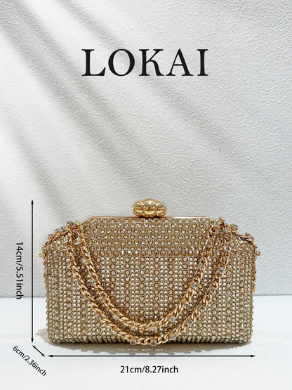 1pc Women's Fashion Gold Rhinestone Evening Clutch, Sparkling Crystal Hard Box Clutch Bag With Rhinestone Gold Chain, Elegant Formal Party Bag For Wedding, Graduation Prom, New Year's Eve Party, Cockt