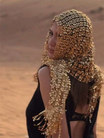 1pc Women's Luxury Gold Sparkling Tassel Hijab/Scarf, Bohemian Desert Travel Shawl, Palace Style Wrap, Suitable For Party And School