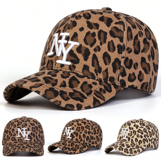 1pc Women's NY Leopard Letter Embroidered Baseball Cap, Casual Street Fashion Hat For Spring, Autumn Season, Traveling, Vacation, Beach