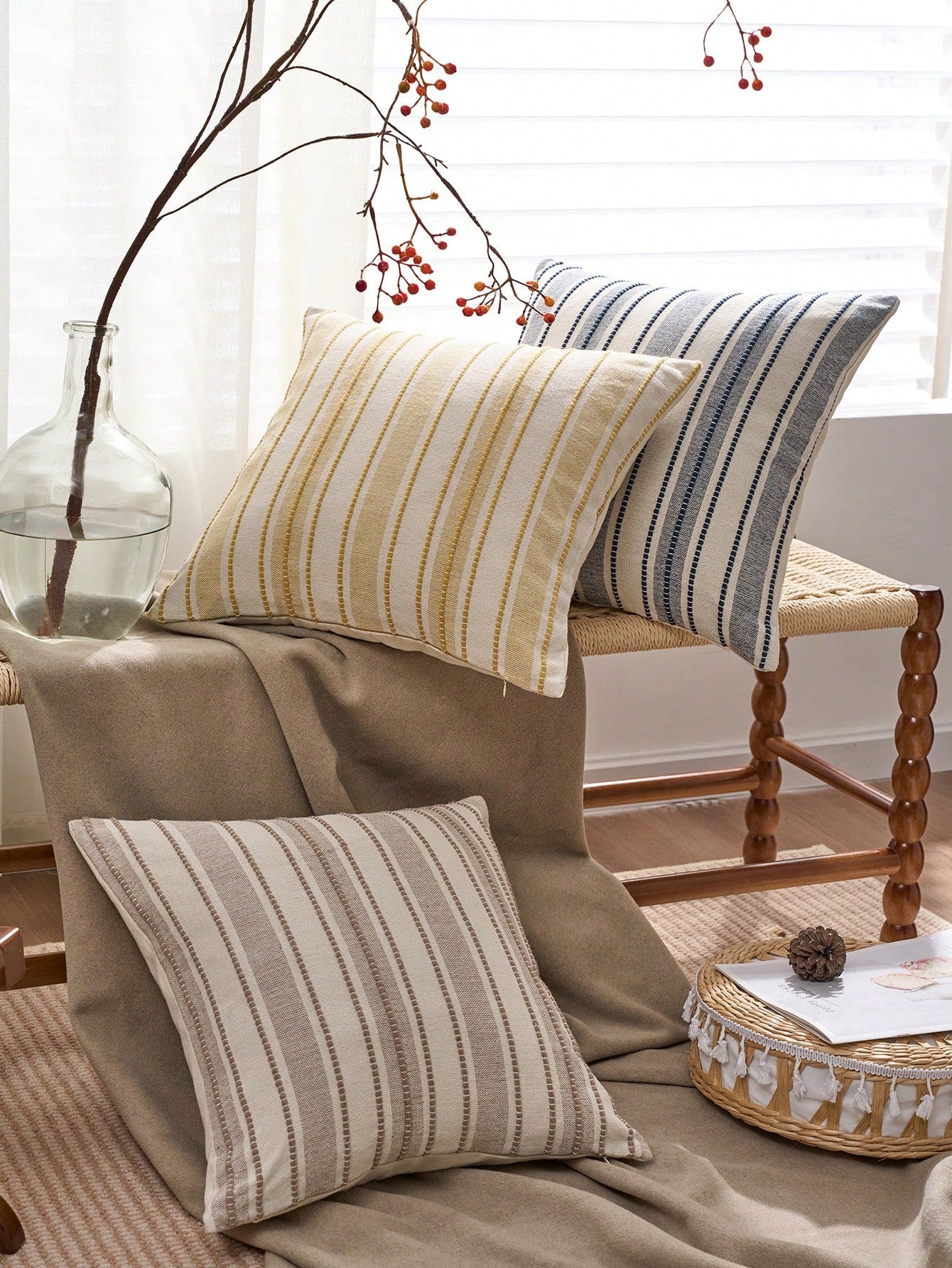 1pc Woven Wide Stripe Decorative Throw Pillow Cover, Casual Home Decor
