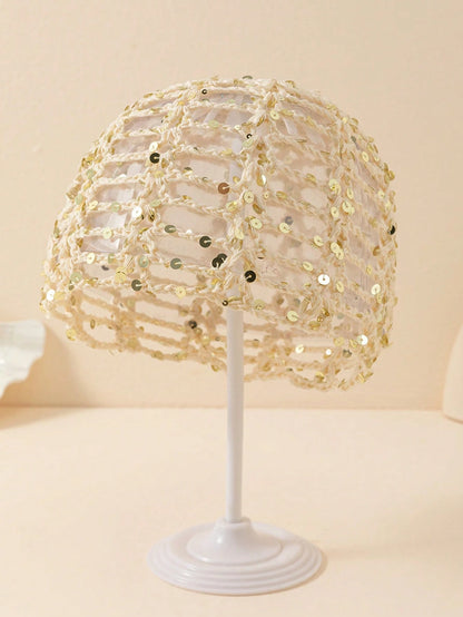 1pc Y2K Style Cute Casual Fashion Contrast Color Sequin Shiny Hollow Breathable Hand-Knitted Hat For Women, Suitable For Outing, Photography, Daily Wear, Bucket Hat Design, Festival Style