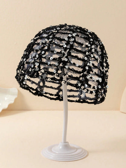 1pc Y2K Style Cute Casual Fashion Contrast Color Sequin Shiny Hollow Breathable Hand-Knitted Hat For Women, Suitable For Outing, Photography, Daily Wear, Bucket Hat Design, Festival Style