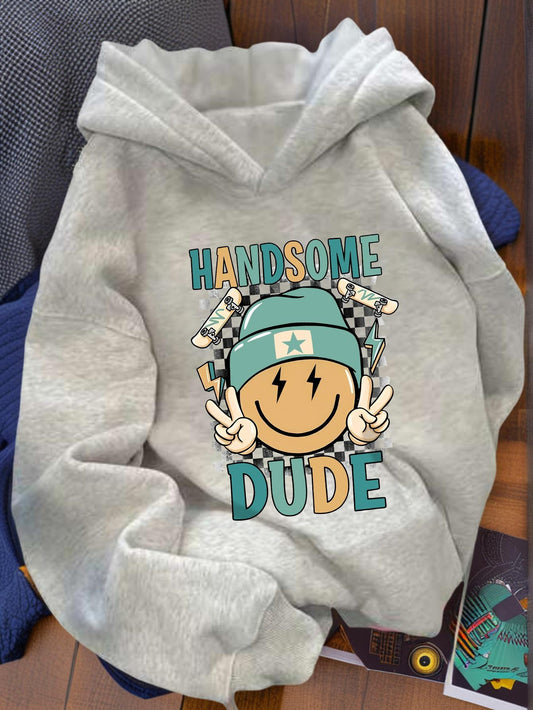 1pc Young Boy Casual Sweatshirt, Inspirational Smiling Face & Skateboard Print, Thermal Lined, Long Sleeve, Autumn/Winter