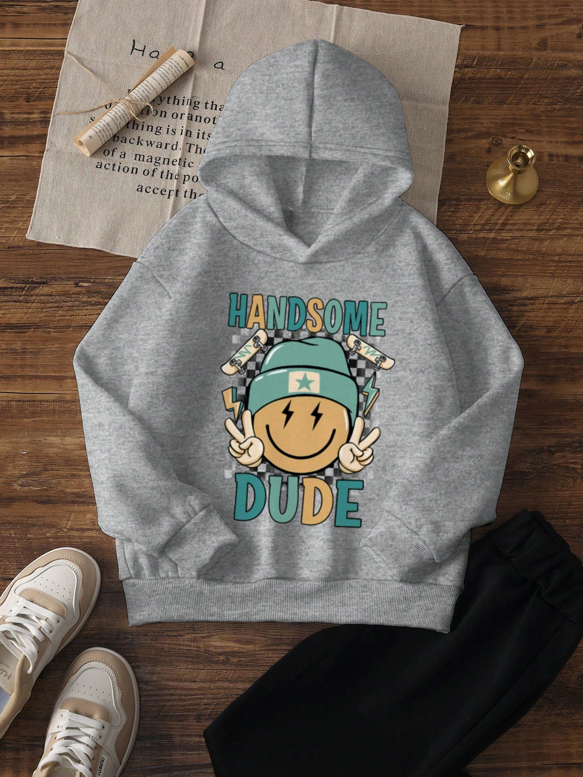 1pc Young Boy Casual Sweatshirt, Inspirational Smiling Face & Skateboard Print, Thermal Lined, Long Sleeve, Autumn/Winter