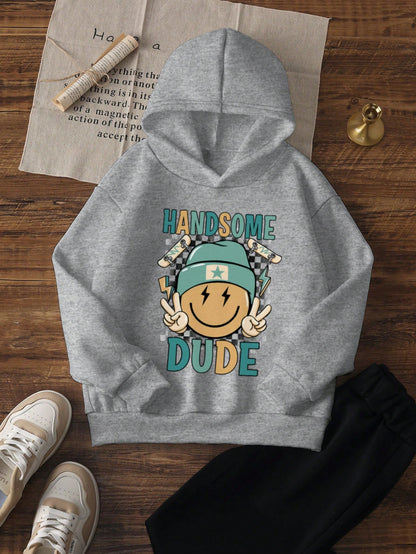 1pc Young Boy Casual Sweatshirt, Inspirational Smiling Face & Skateboard Print, Thermal Lined, Long Sleeve, Autumn/Winter