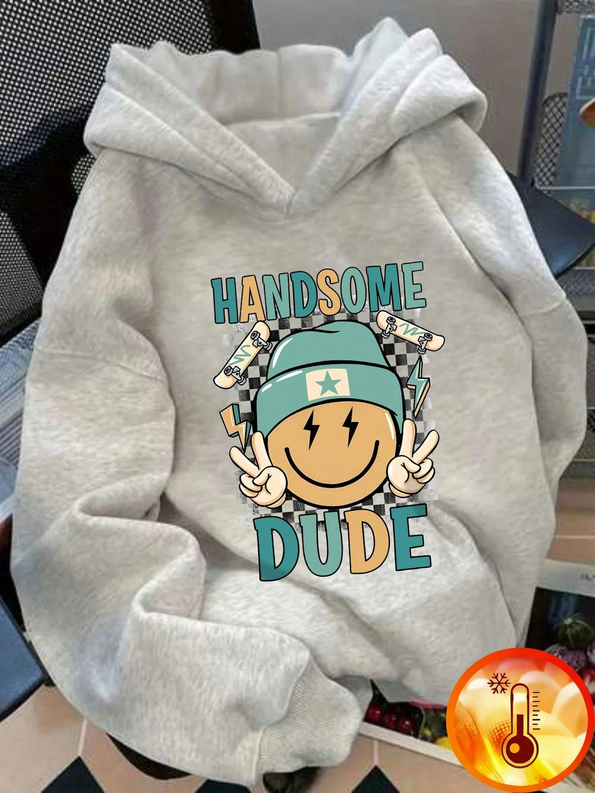 1pc Young Boy Casual Sweatshirt, Inspirational Smiling Face & Skateboard Print, Thermal Lined, Long Sleeve, Autumn/Winter