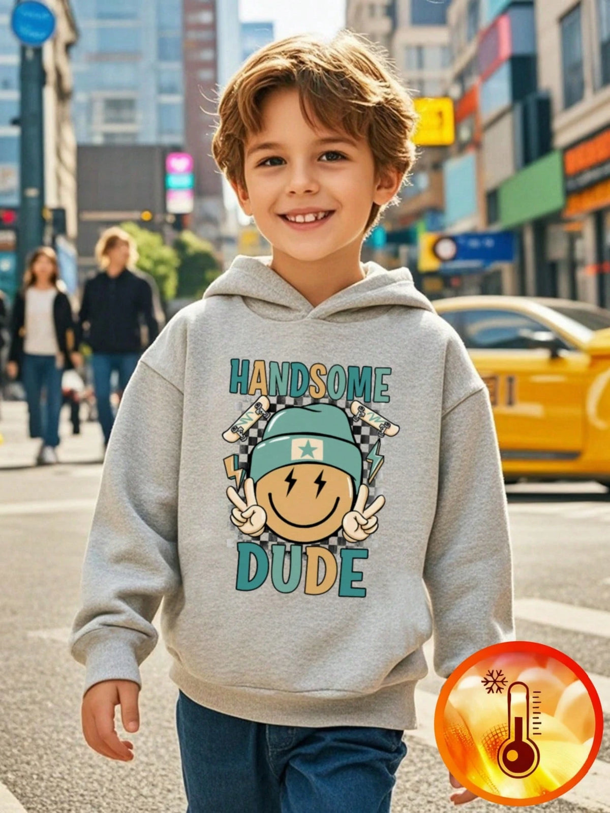 1pc Young Boy Casual Sweatshirt, Inspirational Smiling Face & Skateboard Print, Thermal Lined, Long Sleeve, Autumn/Winter
