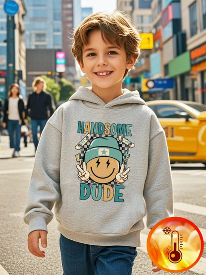 1pc Young Boy Casual Sweatshirt, Inspirational Smiling Face & Skateboard Print, Thermal Lined, Long Sleeve, Autumn/Winter