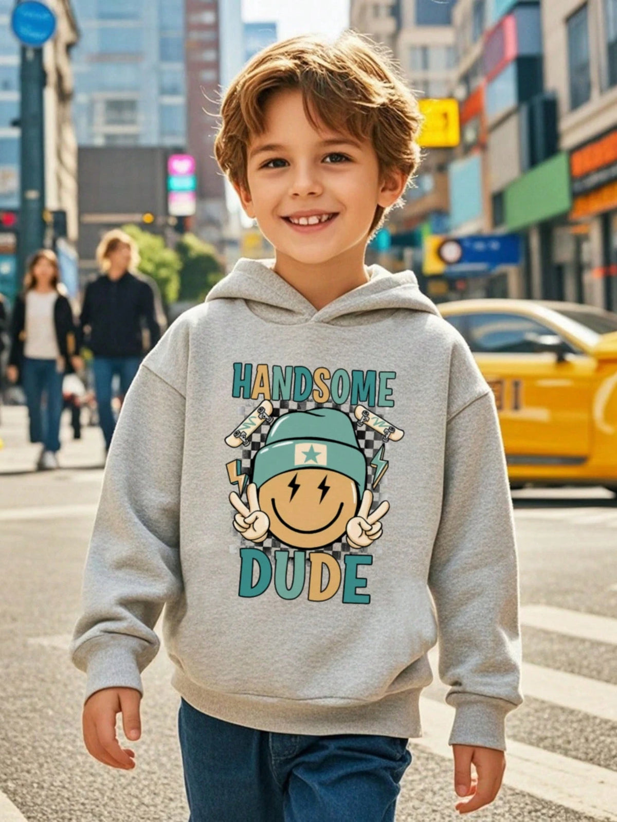 1pc Young Boy Casual Sweatshirt, Inspirational Smiling Face & Skateboard Print, Thermal Lined, Long Sleeve, Autumn/Winter