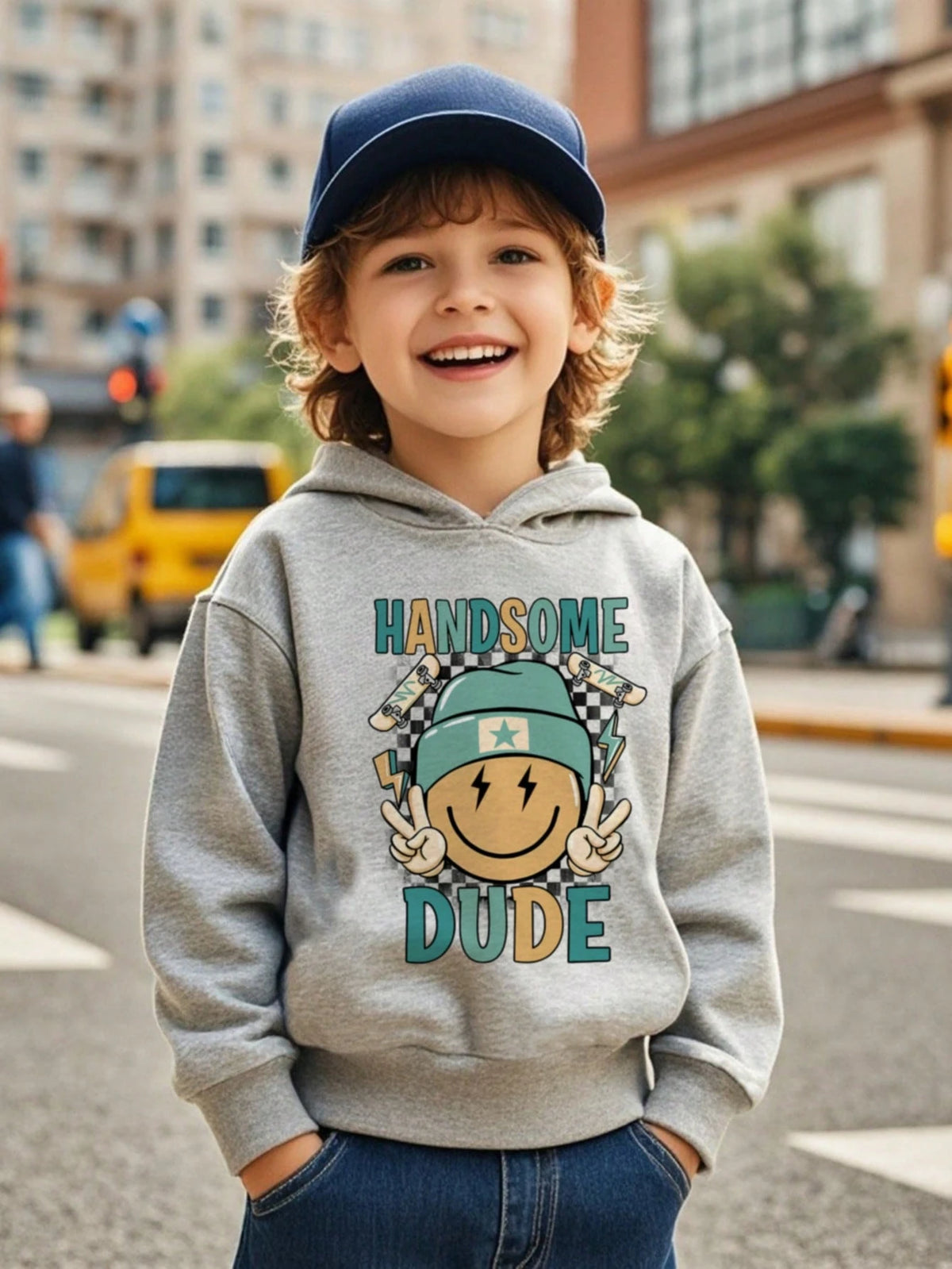1pc Young Boy Casual Sweatshirt, Inspirational Smiling Face & Skateboard Print, Thermal Lined, Long Sleeve, Autumn/Winter