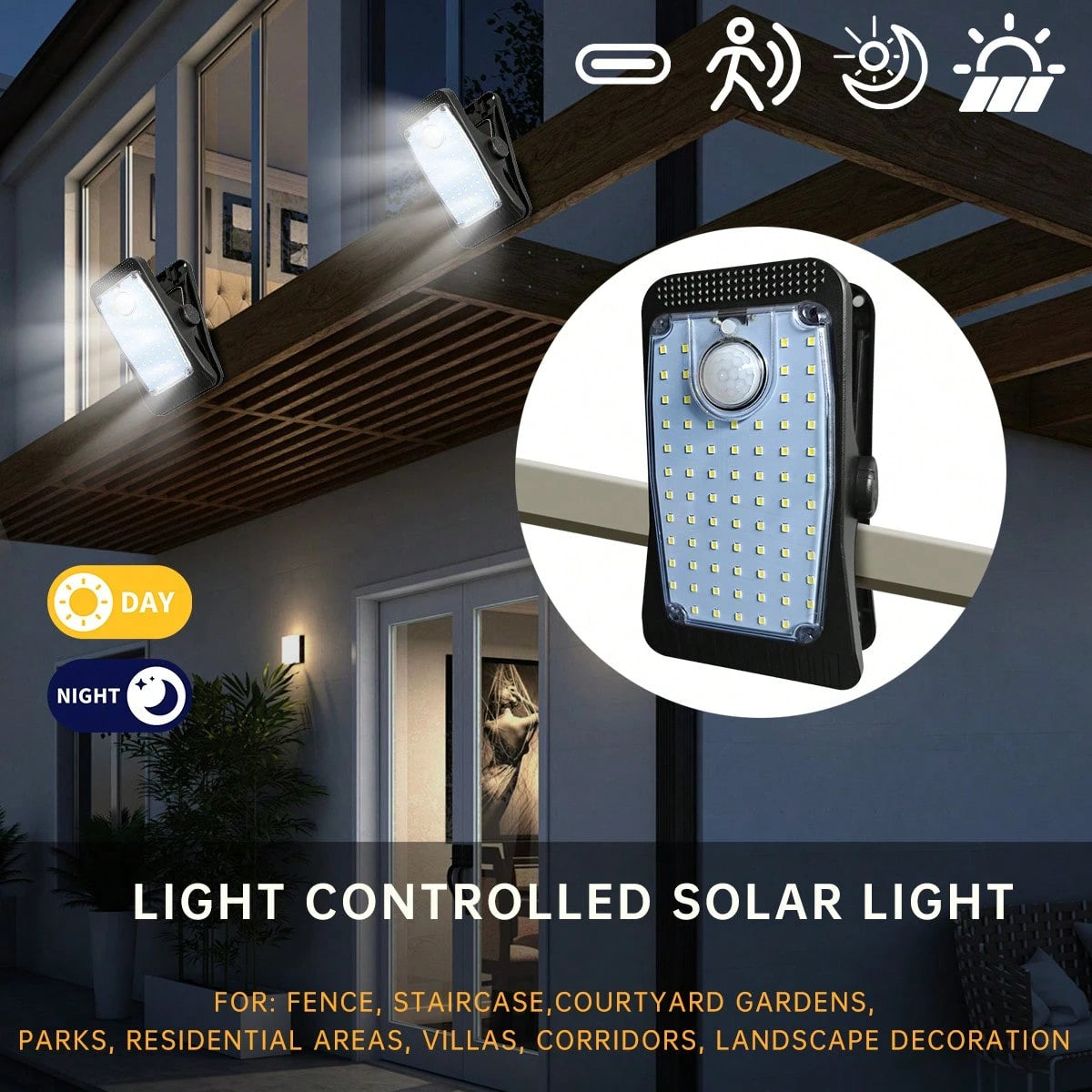1PC, Quick Mount Solar Fence Clip Lamp Motion Sensor Smart Light Control 3 Lighting Modes USB Recharge Durable Portable Wall Lamp For Garden Balcony Deck Garage Closet Gate Patio Camping Fishing (Incl