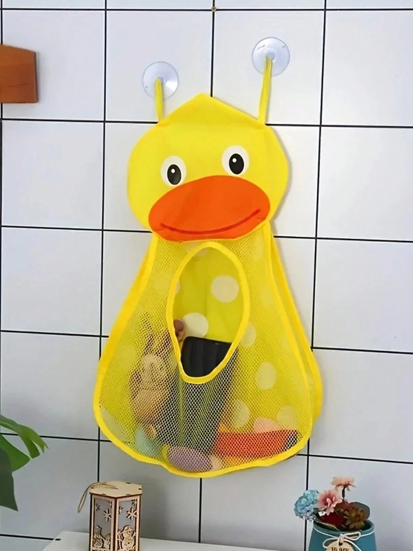 1pcCute Animal- Shaped Mesh Storage Bags Collection: Including Charming Frog, Duck, Panda, And Tiger Designs, These Hanging Organizers With Convenient Suction Cups Are Perfect For Tidily Storing Bath
