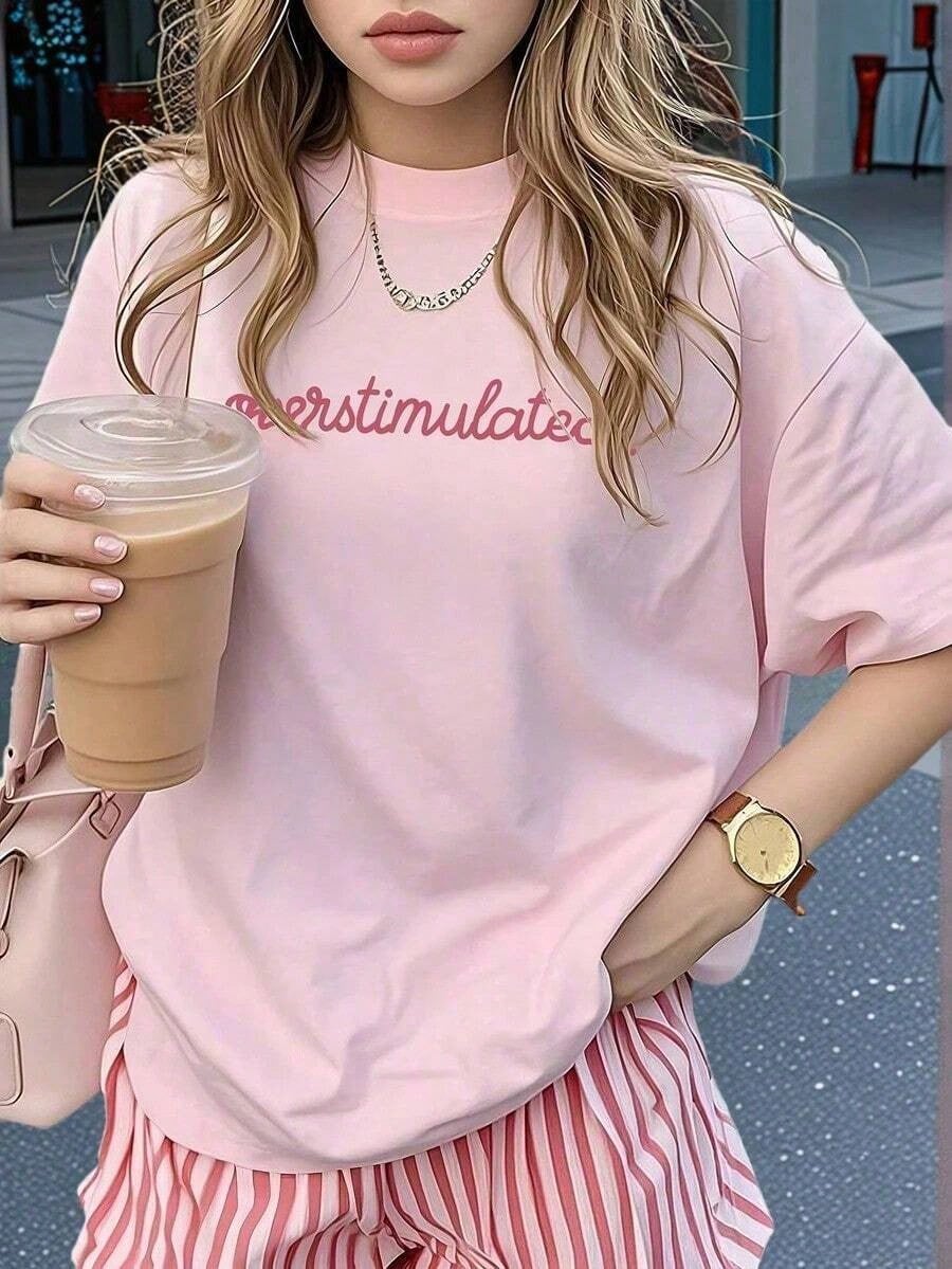 1pcsSummer Collection,Women's Casual Short Sleeve T-Shirt White "Overstimulated" Simple Text Print Casual Oversized Summer T-Shirt Summer Tops