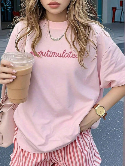 1pcsSummer Collection,Women's Casual Short Sleeve T-Shirt White "Overstimulated" Simple Text Print Casual Oversized Summer T-Shirt Summer Tops