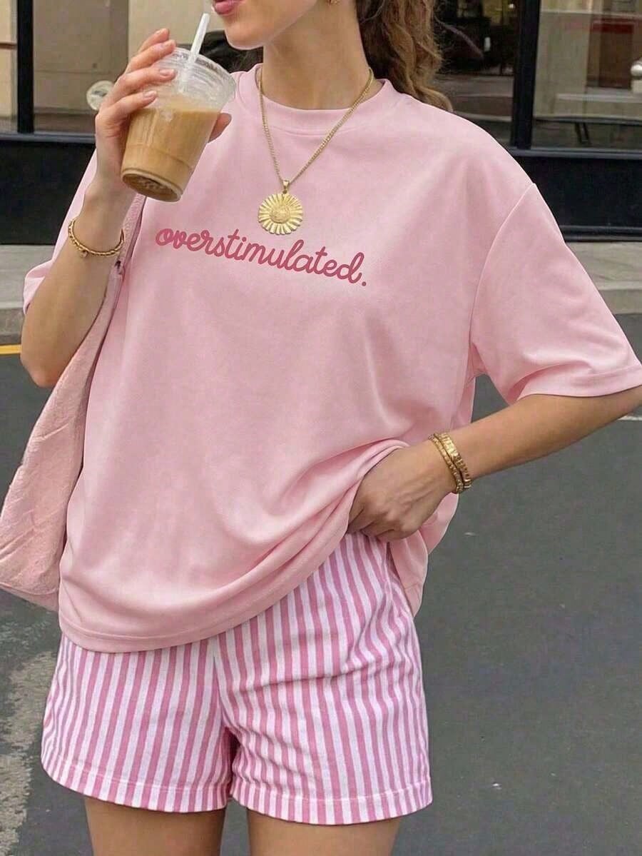 1pcsSummer Collection,Women's Casual Short Sleeve T-Shirt White "Overstimulated" Simple Text Print Casual Oversized Summer T-Shirt Summer Tops