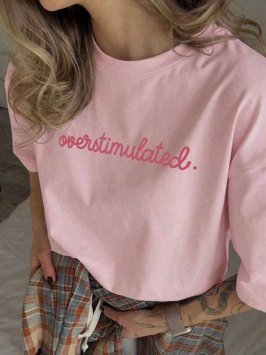 1pcsSummer Collection,Women's Casual Short Sleeve T-Shirt White "Overstimulated" Simple Text Print Casual Oversized Summer T-Shirt Summer Tops
