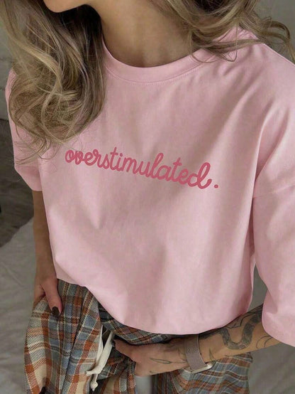 1pcsSummer Collection,Women's Casual Short Sleeve T-Shirt White "Overstimulated" Simple Text Print Casual Oversized Summer T-Shirt Summer Tops