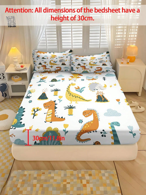 2/3PCS Boys Cartoon Dinosaur Volcano Plant Printed Fitted Bed Sheet, 90G Polyester 30cm Deep Pocket Elastic Non-Slip Wrinkle Resistant Mattress Protector Cover For Kids Bedroom All Season Use