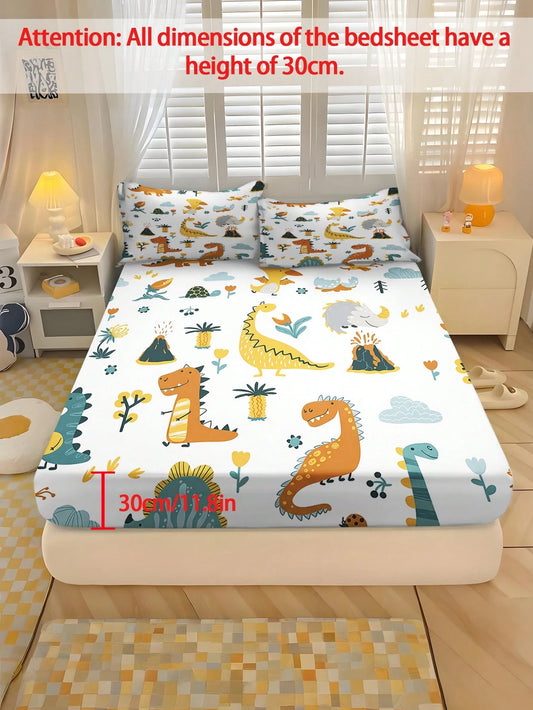 2/3PCS Boys Cartoon Dinosaur Volcano Plant Printed Fitted Bed Sheet, 90G Polyester 30cm Deep Pocket Elastic Non-Slip Wrinkle Resistant Mattress Protector Cover For Kids Bedroom All Season Use