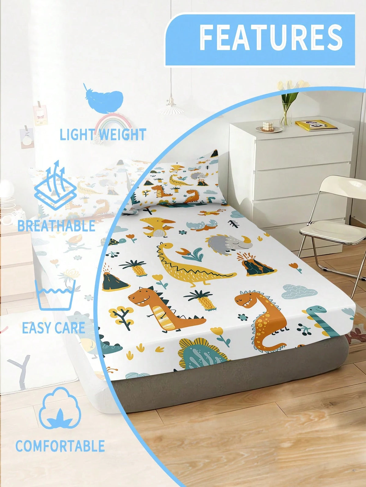 2/3PCS Boys Cartoon Dinosaur Volcano Plant Printed Fitted Bed Sheet, 90G Polyester 30cm Deep Pocket Elastic Non-Slip Wrinkle Resistant Mattress Protector Cover For Kids Bedroom All Season Use