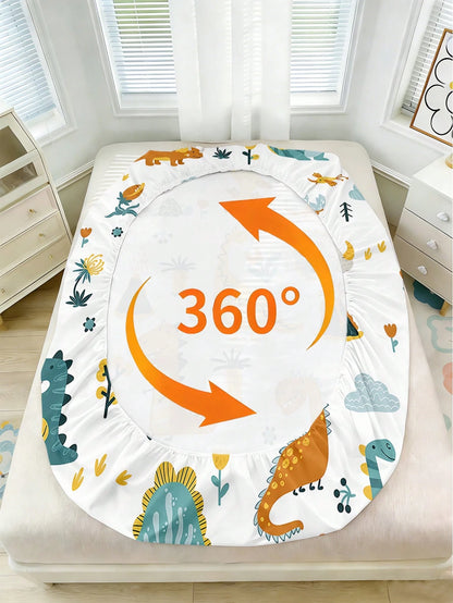 2/3PCS Boys Cartoon Dinosaur Volcano Plant Printed Fitted Bed Sheet, 90G Polyester 30cm Deep Pocket Elastic Non-Slip Wrinkle Resistant Mattress Protector Cover For Kids Bedroom All Season Use