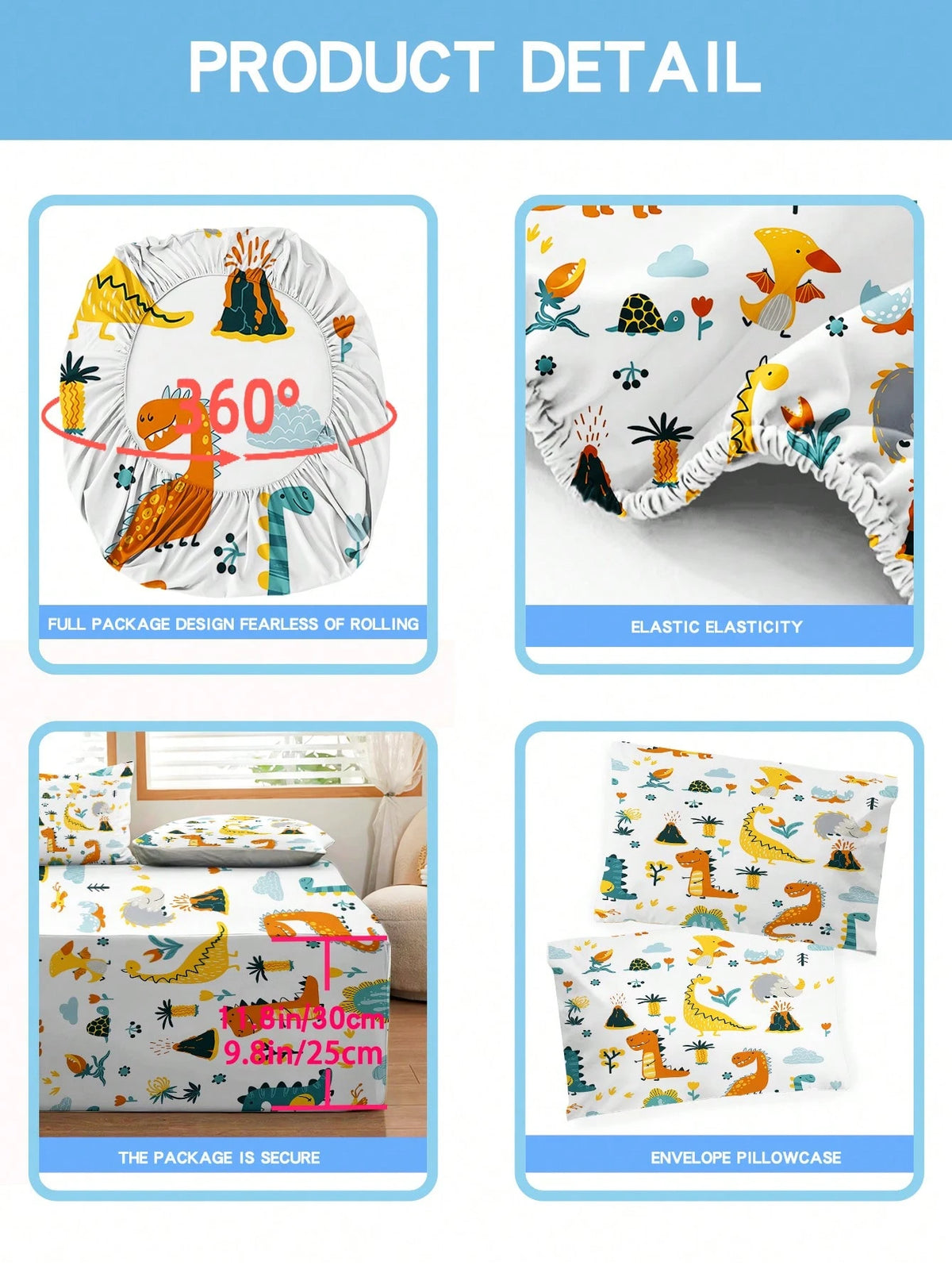 2/3PCS Boys Cartoon Dinosaur Volcano Plant Printed Fitted Bed Sheet, 90G Polyester 30cm Deep Pocket Elastic Non-Slip Wrinkle Resistant Mattress Protector Cover For Kids Bedroom All Season Use