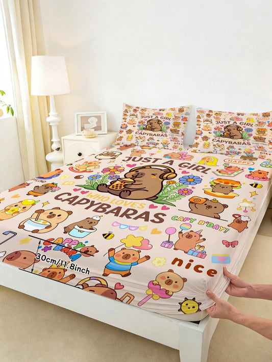 2/3PCS Cute Capybara Print Fitted Bed Sheet Set, Cute Animal Print Bedding, 30cm Deep Pocket For Children, Teenagers, Adults, Boys And Girls, Bedroom