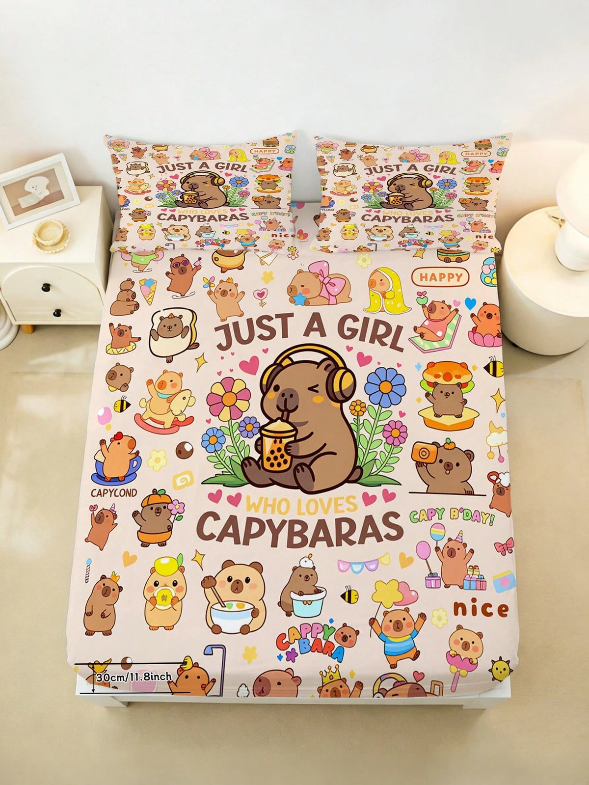 2/3PCS Cute Capybara Print Fitted Bed Sheet Set, Cute Animal Print Bedding, 30cm Deep Pocket For Children, Teenagers, Adults, Boys And Girls, Bedroom