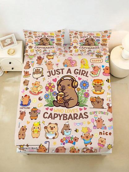 2/3PCS Cute Capybara Print Fitted Bed Sheet Set, Cute Animal Print Bedding, 30cm Deep Pocket For Children, Teenagers, Adults, Boys And Girls, Bedroom