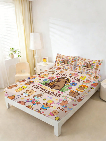 2/3PCS Cute Capybara Print Fitted Bed Sheet Set, Cute Animal Print Bedding, 30cm Deep Pocket For Children, Teenagers, Adults, Boys And Girls, Bedroom