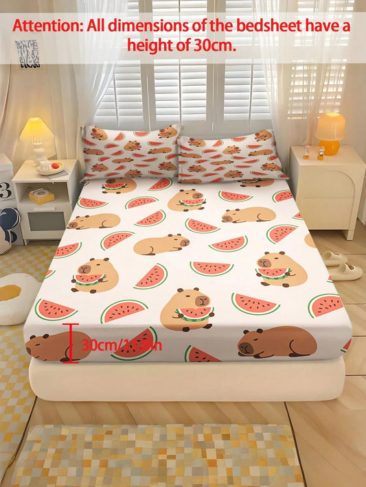 2/3PCS Kids Cute Cartoon Capybara And Watermelon Print Fitted Sheet, Polyester Microfiber Elastic 30cm Deep Pocket Mattress Protector Cover, Fresh Lovely Style For Boys Girls Bedroom, All Season Daily