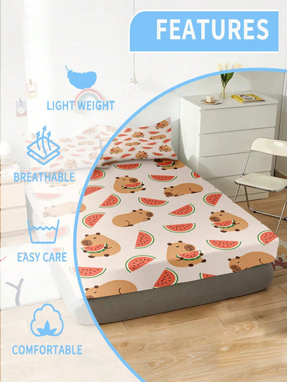 2/3PCS Kids Cute Cartoon Capybara And Watermelon Print Fitted Sheet, Polyester Microfiber Elastic 30cm Deep Pocket Mattress Protector Cover, Fresh Lovely Style For Boys Girls Bedroom, All Season Daily