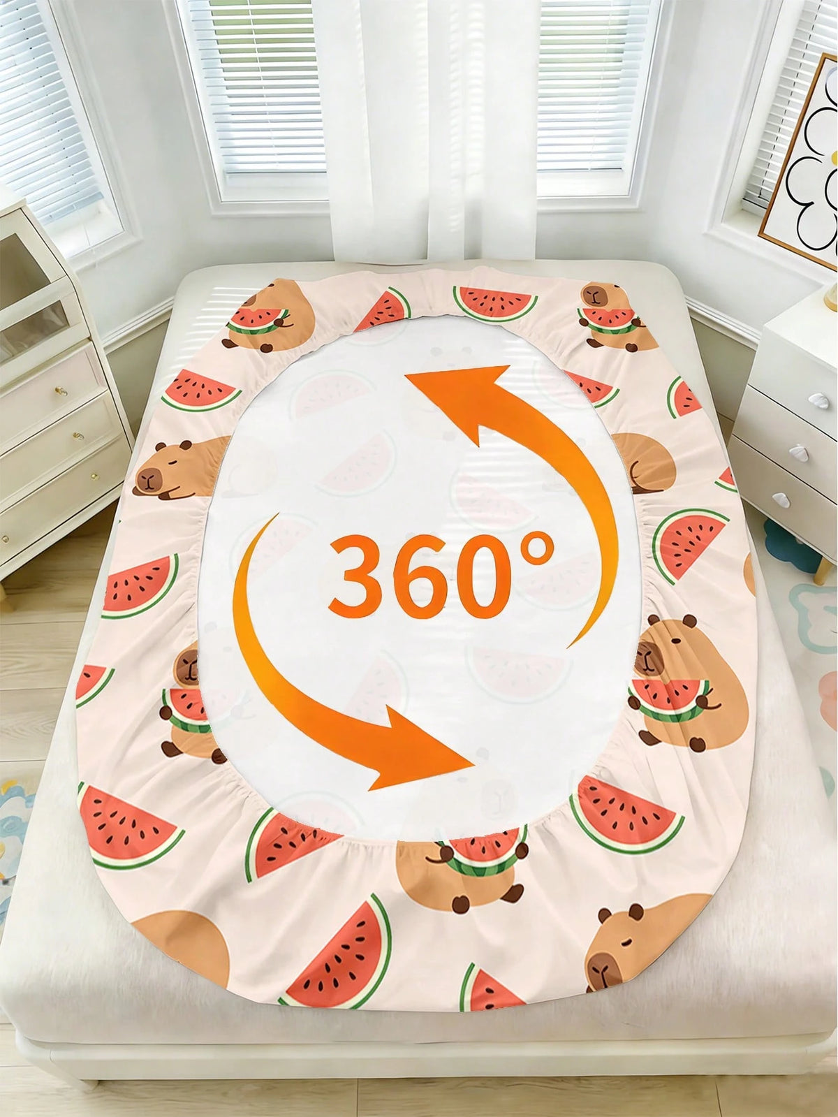 2/3PCS Kids Cute Cartoon Capybara And Watermelon Print Fitted Sheet, Polyester Microfiber Elastic 30cm Deep Pocket Mattress Protector Cover, Fresh Lovely Style For Boys Girls Bedroom, All Season Daily