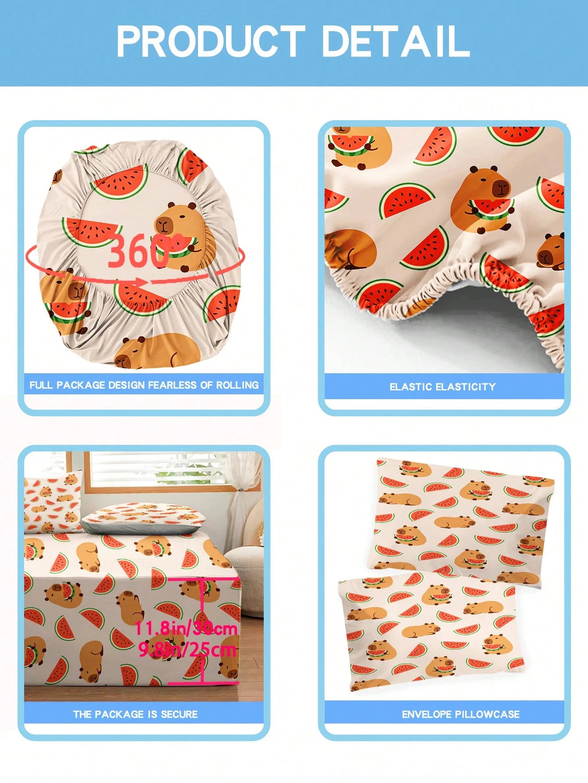 2/3PCS Kids Cute Cartoon Capybara And Watermelon Print Fitted Sheet, Polyester Microfiber Elastic 30cm Deep Pocket Mattress Protector Cover, Fresh Lovely Style For Boys Girls Bedroom, All Season Daily