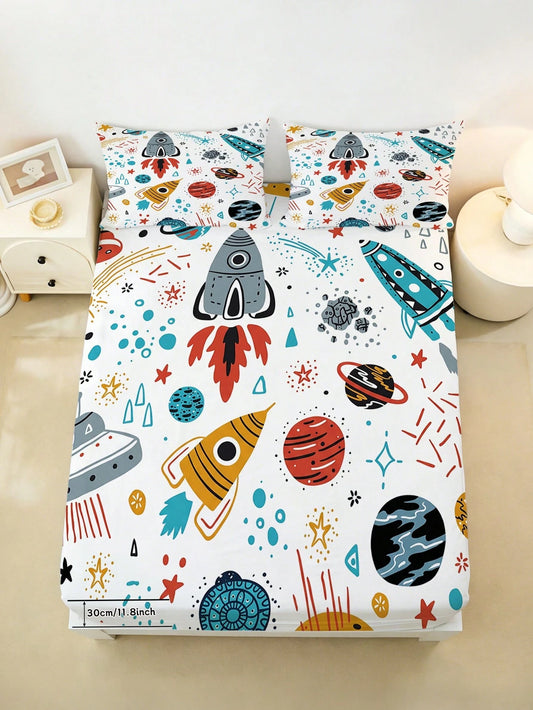 2/3PCS Outer Space Adventure Kids Bedding Set, Cute Rocket & UFO Pattern Fitted Sheet With 30cm Deep Pocket & Matching Pillowcases( Twin/Full/Queen Sizes)